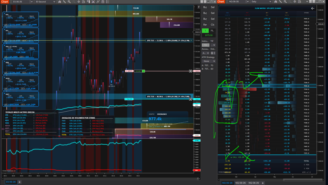 Option Chain Flow Matrix - Perfiles de Delta y GEX netos por vencimiento